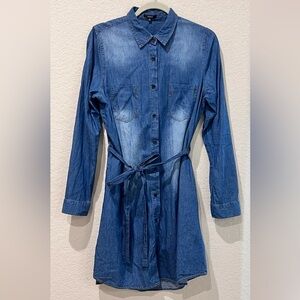 Denim 100% Cotton Button-Up Shirt Dress with Pockets and Tie Belt | Medium